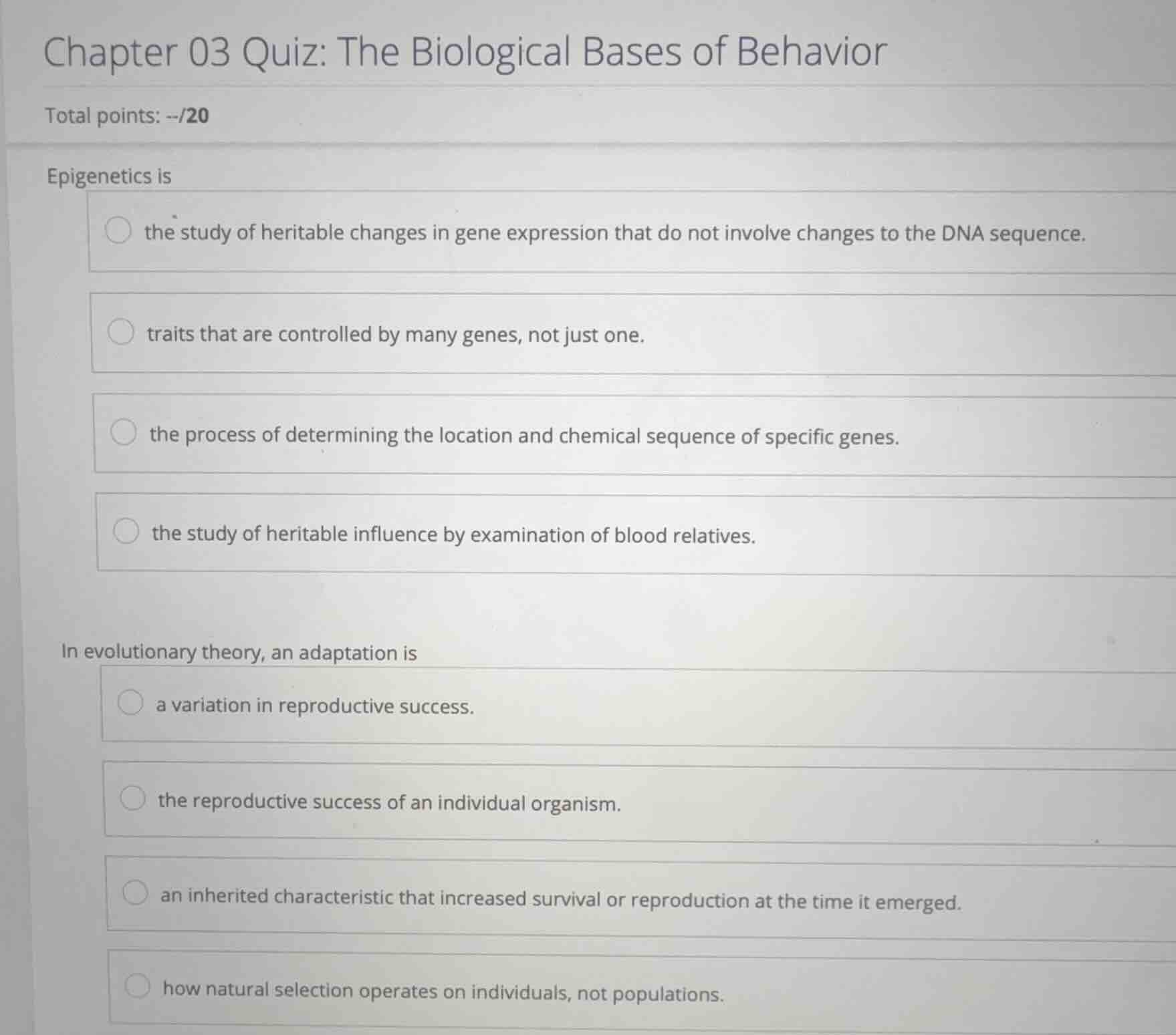 chapter 03 quiz: the biological bases of behavior total points: --/20 e…