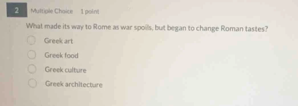 2 multiple choice 1 point what made its way to rome as war spoils, but …