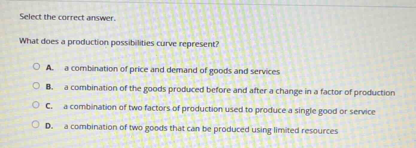 select the correct answer. what does a production possibilities curve r…