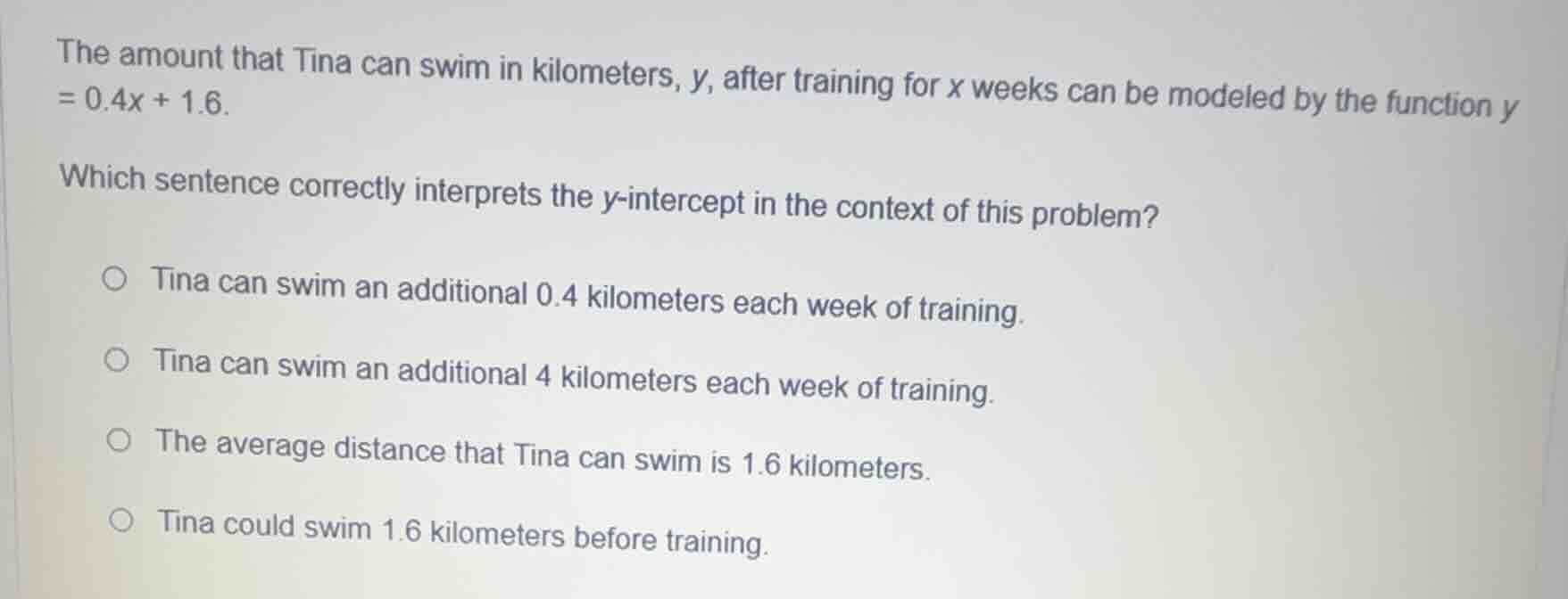 the amount that tina can swim in kilometers, y, after training for x we…