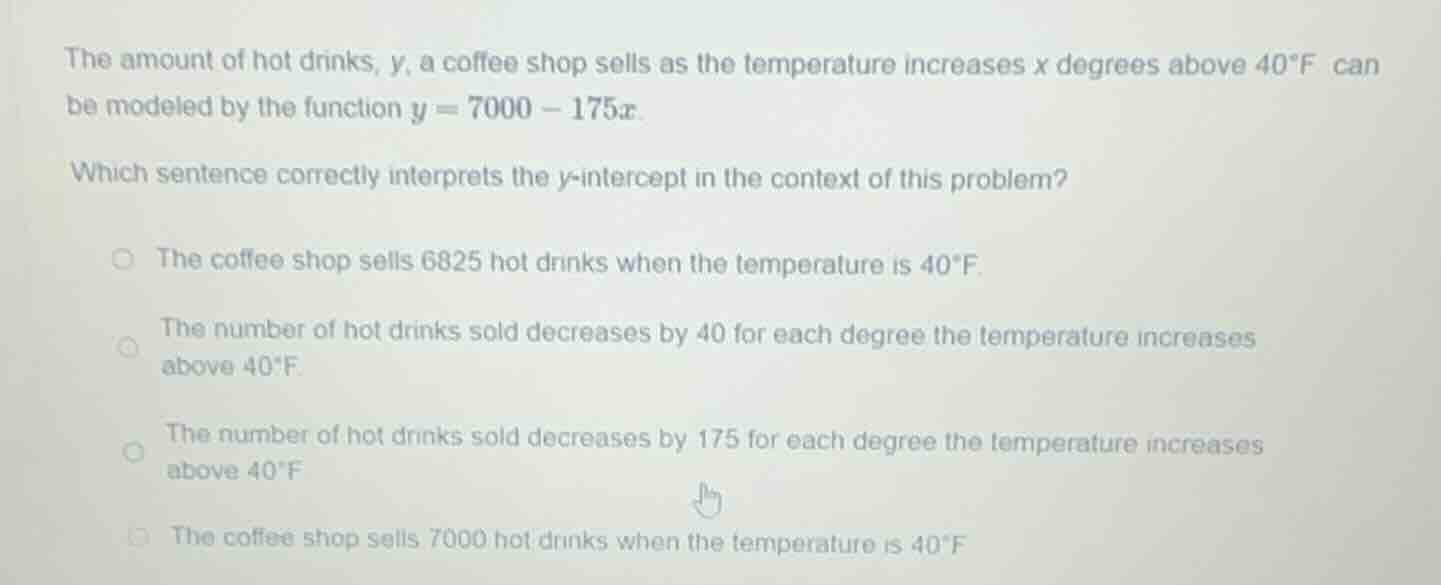 the amount of hot drinks, y, a coffee shop sells as the temperature inc…