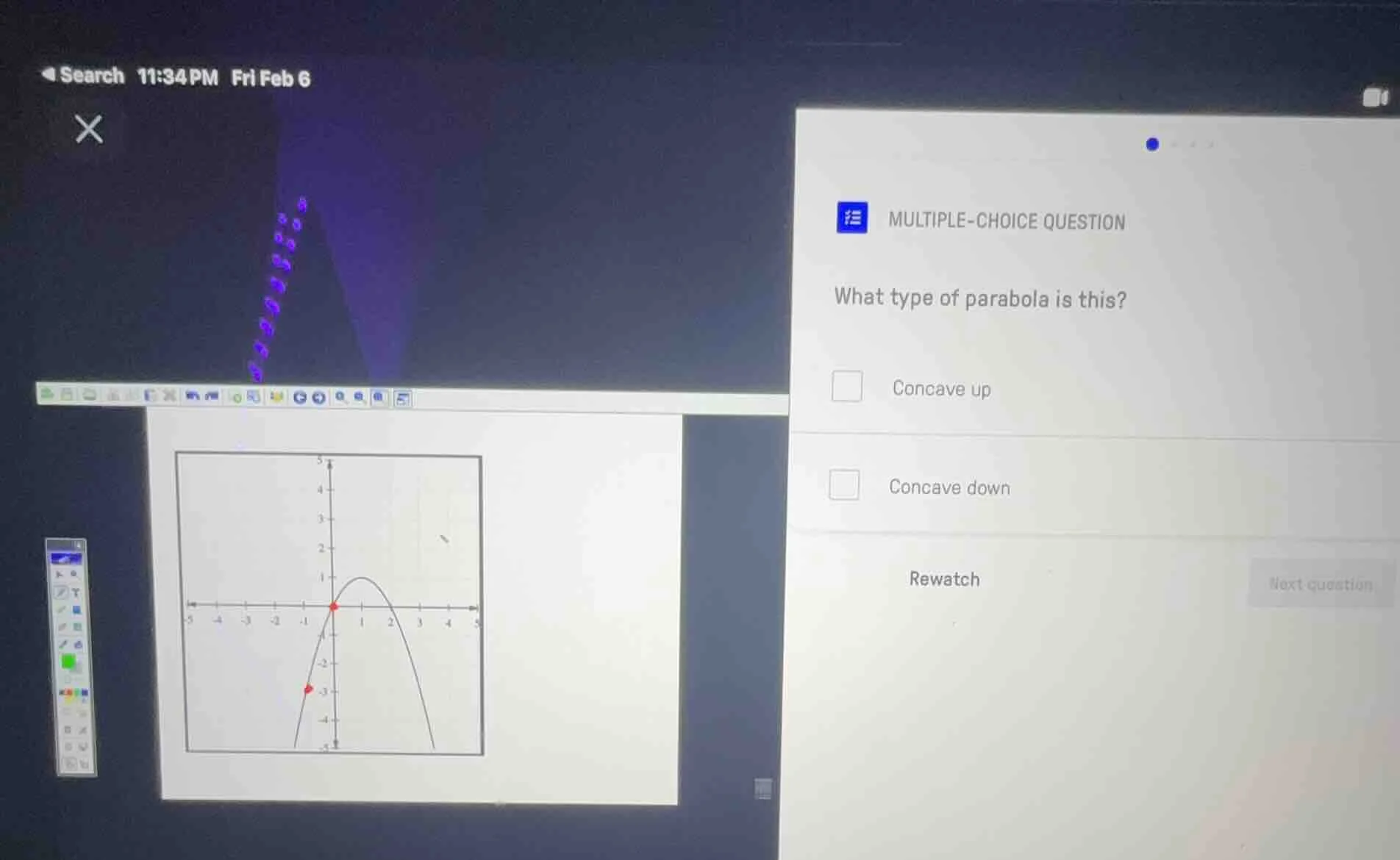 multiple-choice question what type of parabola is this? concave up conc…