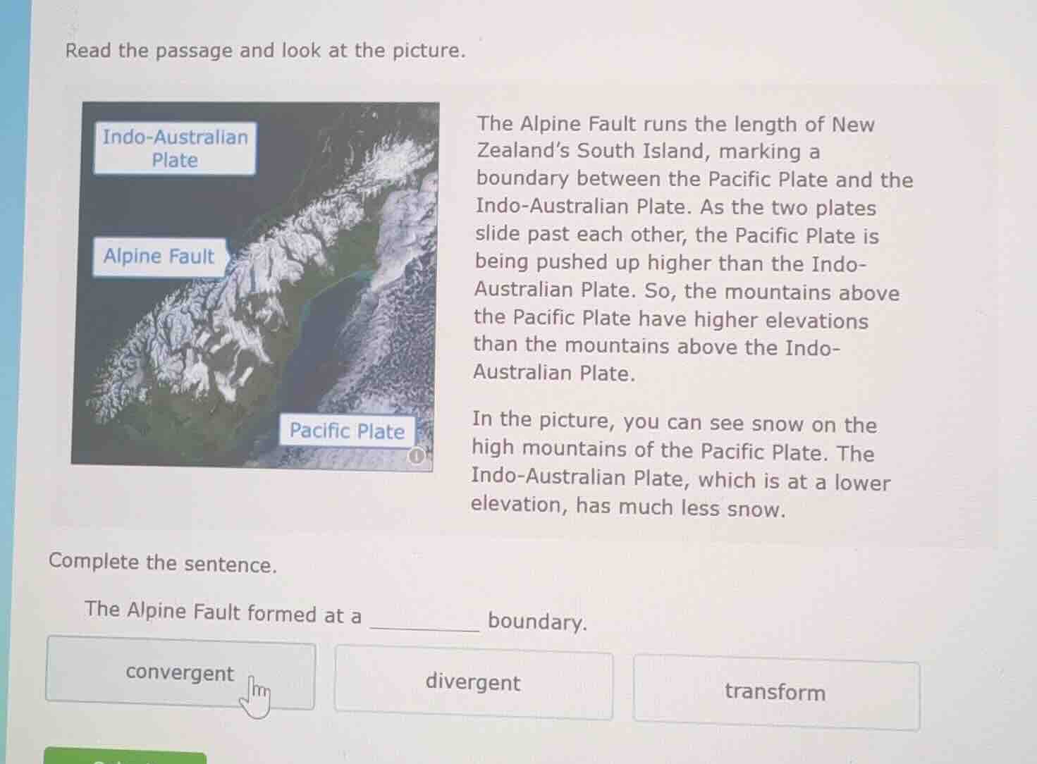 read the passage and look at the picture. the alpine fault runs the len…