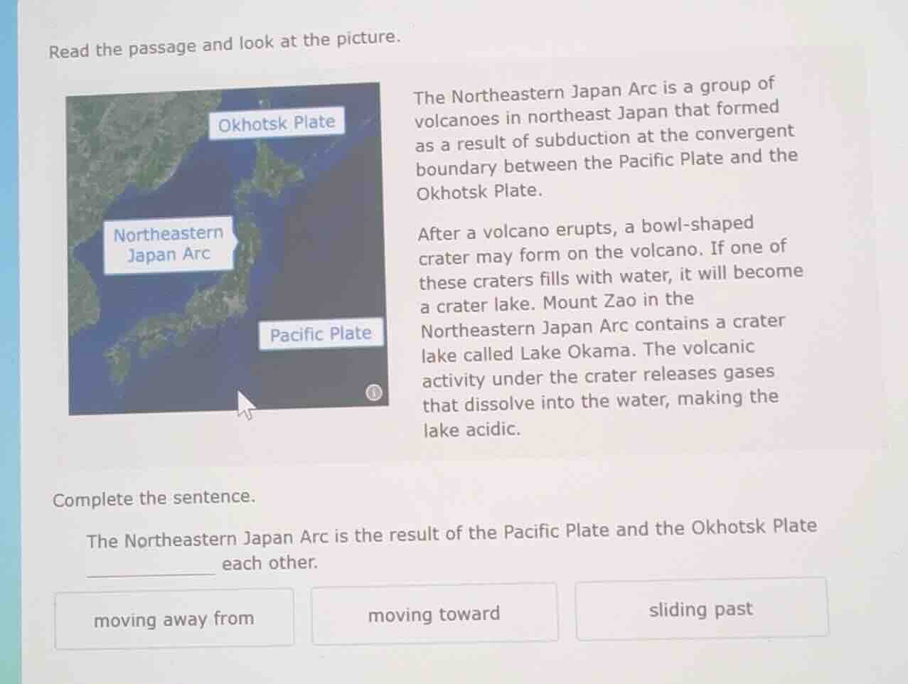 read the passage and look at the picture. the northeastern japan arc is…
