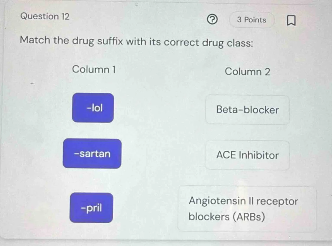 question 12 3 points match the drug suffix with its correct drug class:…