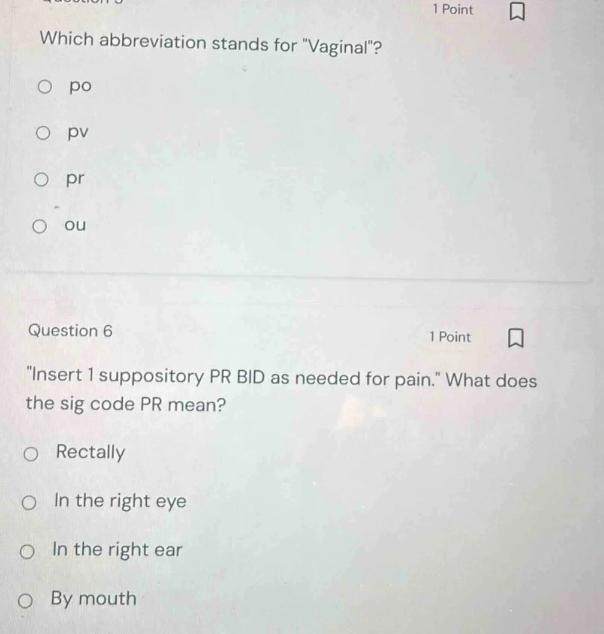 question 5 1 point which abbreviation stands for \vaginal\? po pv pr ou…