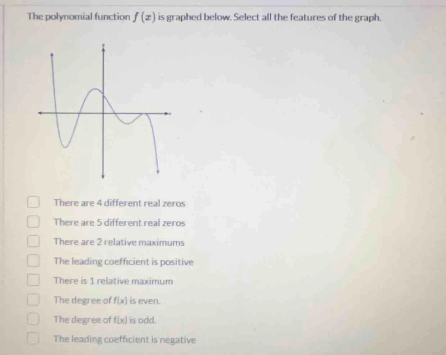 the polynomial function $f(x)$ is graphed below. select all the feature…