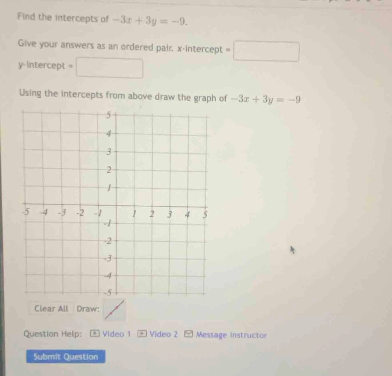 find the intercepts of $-3x + 3y = -9$. give your answers as an ordered…