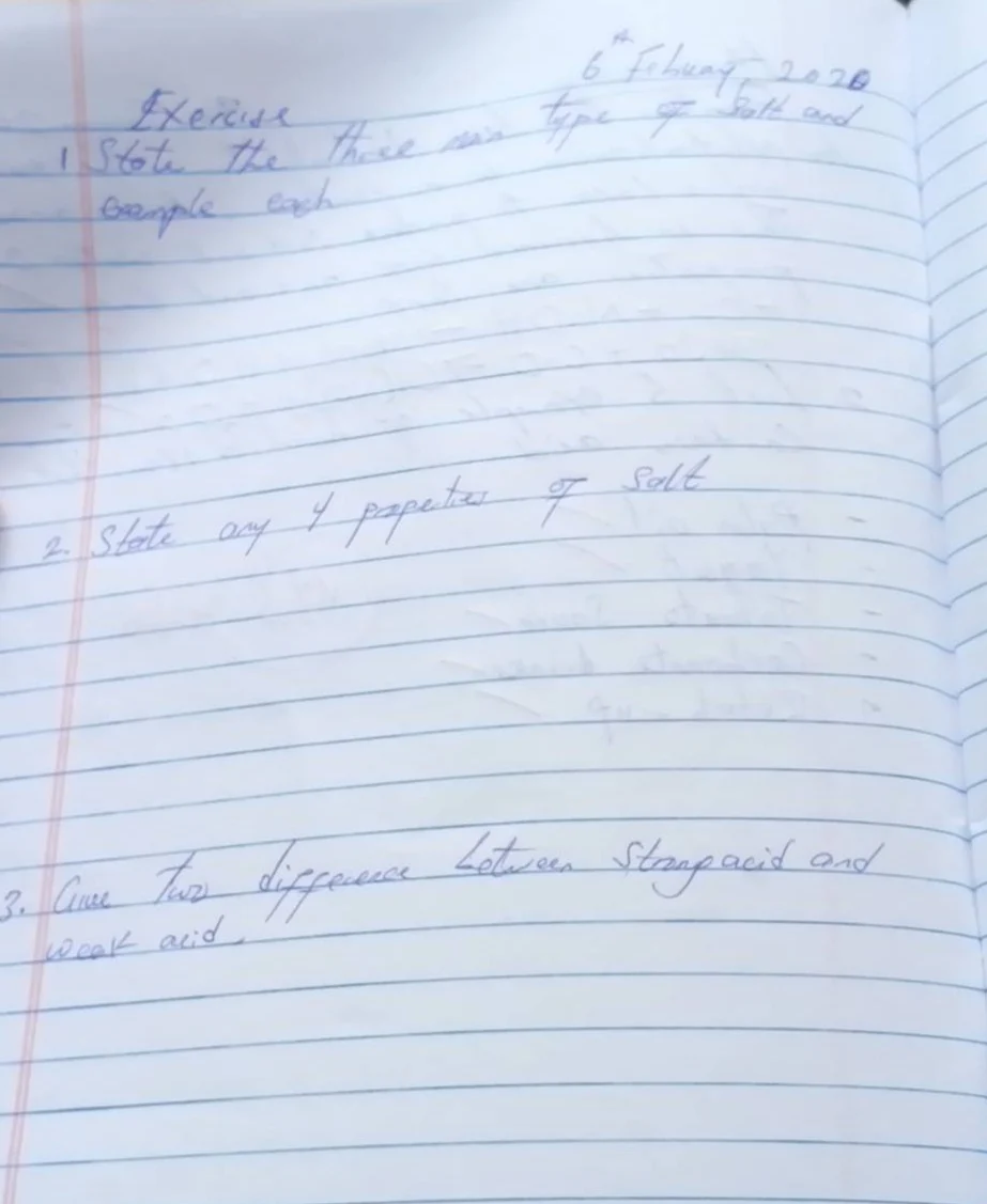 exercise 1. state the three main type of salt and example each 2. state…