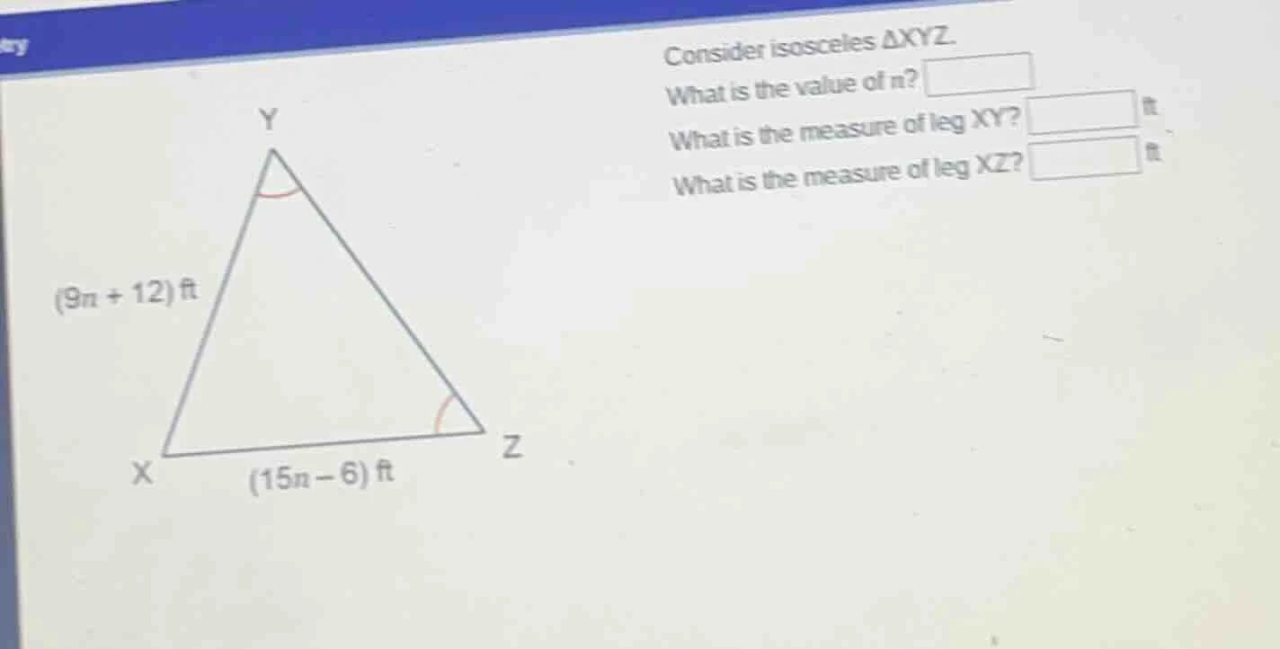 consider isosceles δxyz. what is the value of n? what is the measure of…