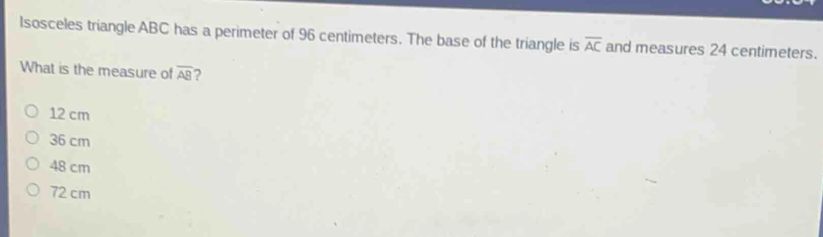 isosceles triangle abc has a perimeter of 96 centimeters. the base of t…