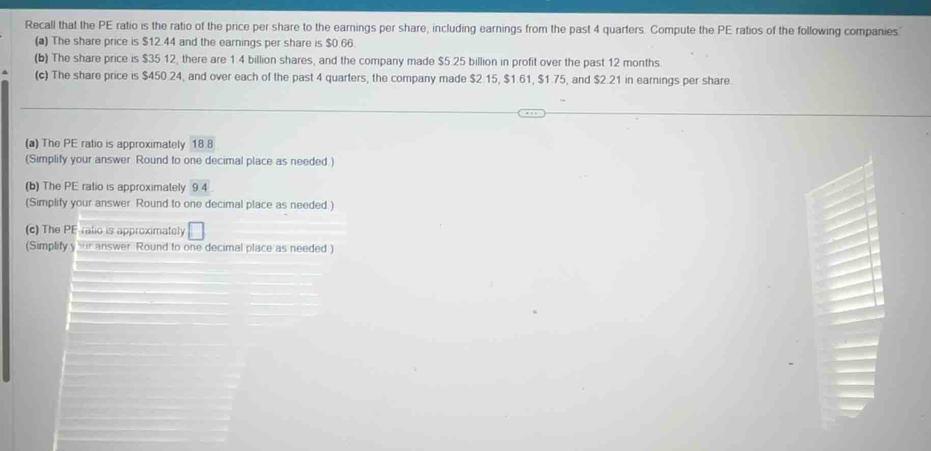 recall that the pe ratio is the ratio of the price per share to the ear…