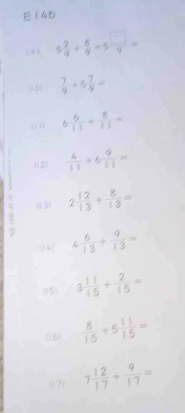 e140 (9) $5\\frac{2}{9}+\\frac{8}{9}=5\\frac{\\square}{9}=$ (10) $\\fra…