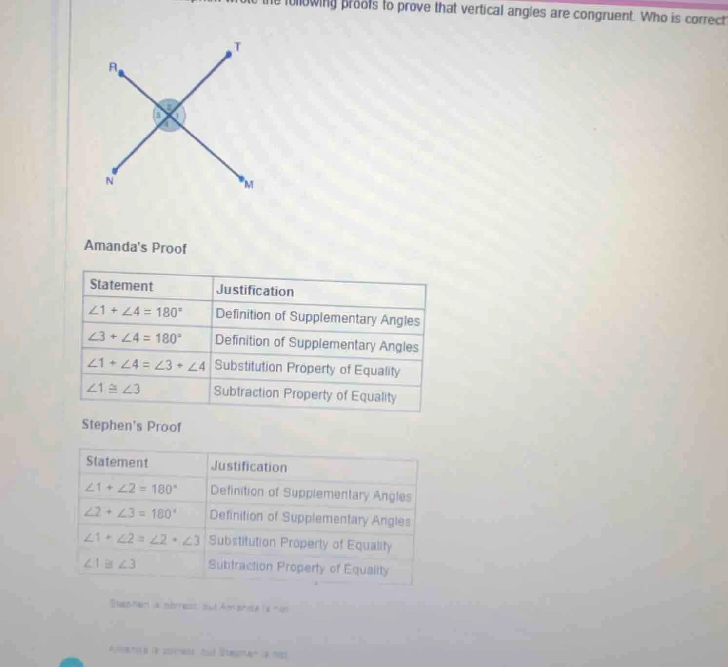 the following proofs to prove that vertical angles are congruent. who i…