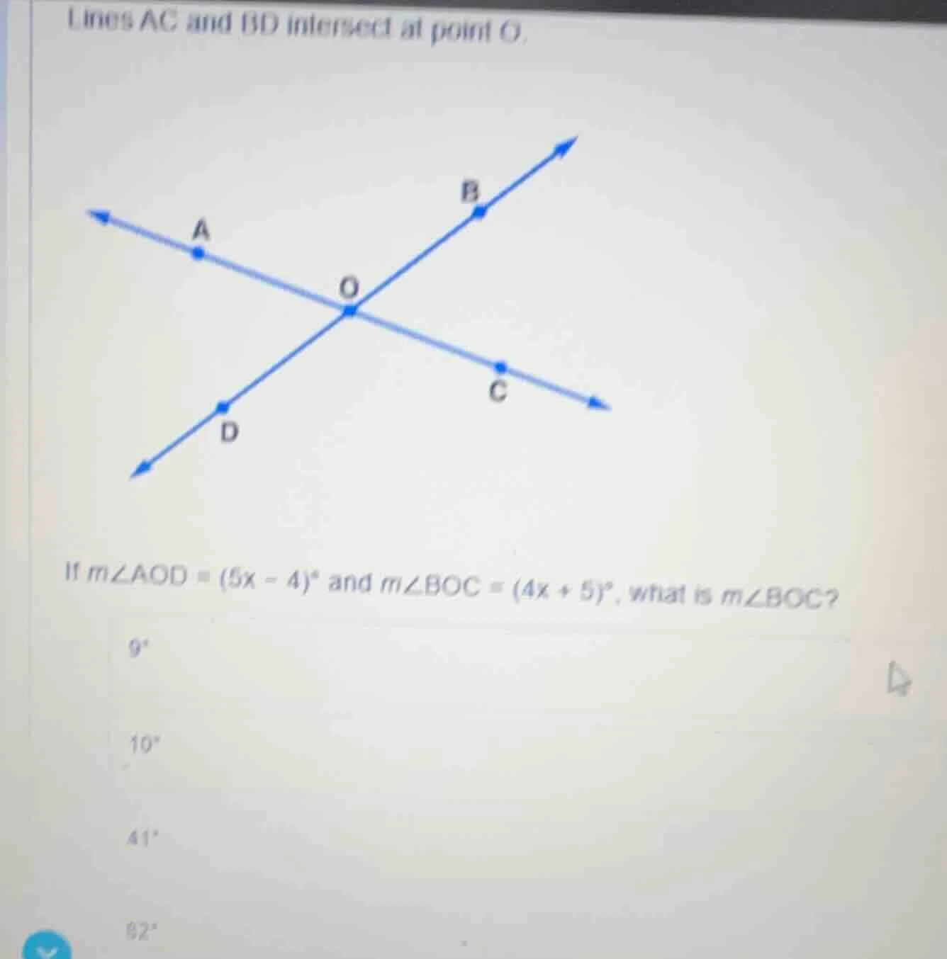 lines ac and bd intersect at point o. if ( mangle aod = (5x - 4)^circ )…