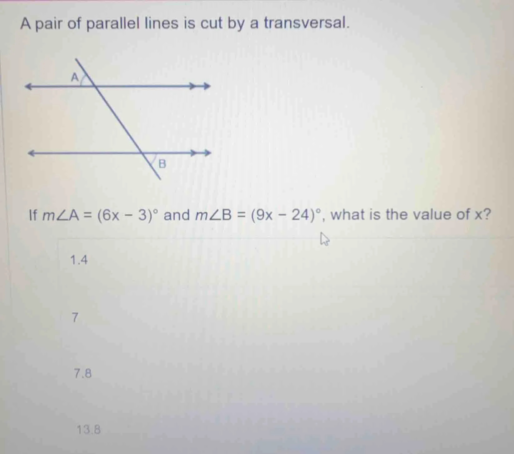 a pair of parallel lines is cut by a transversal. if ( mangle a = (6x -…