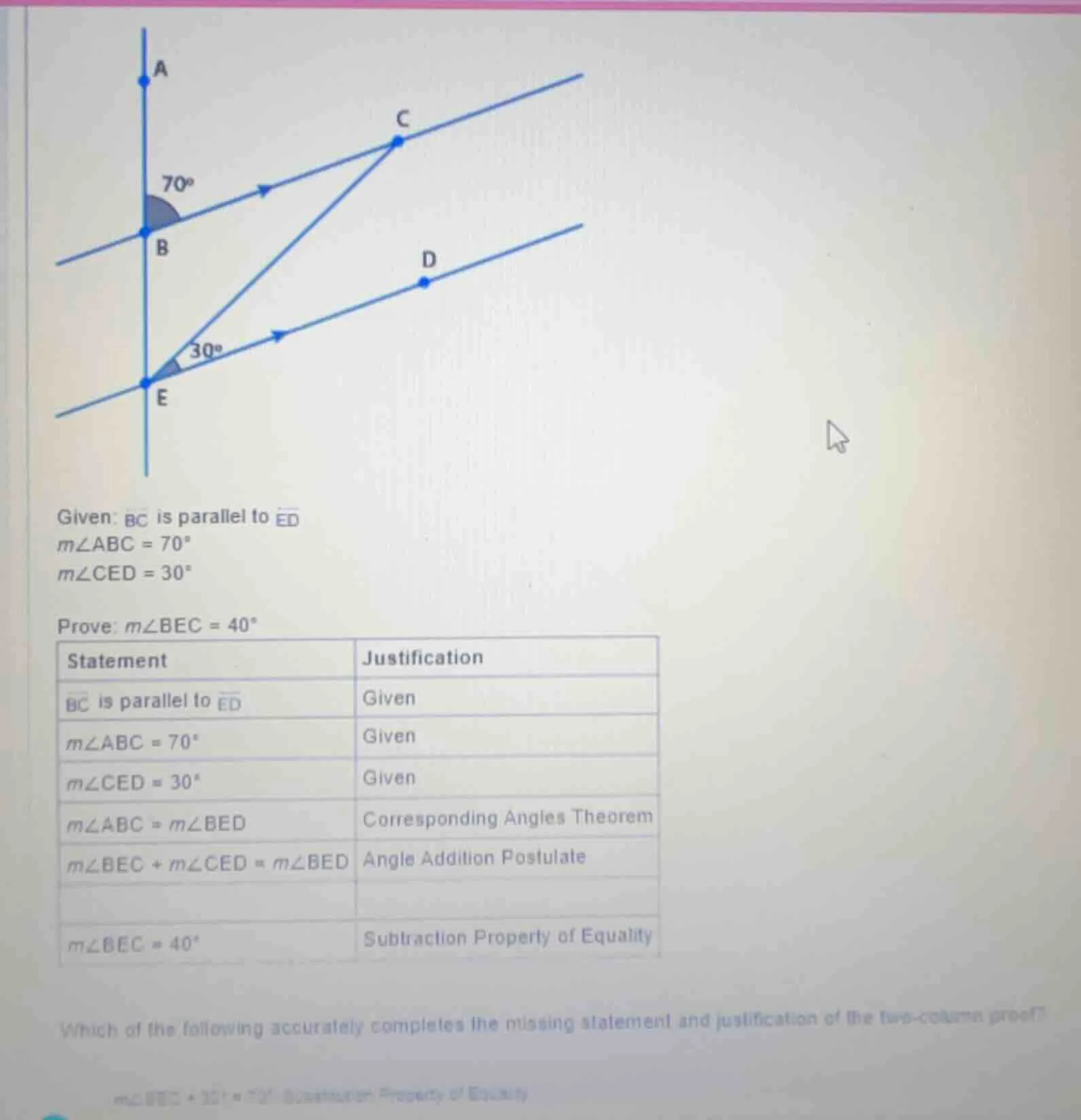 given: $overleftrightarrow{bc}$ is parallel to $overleftrightarrow{ed}$…