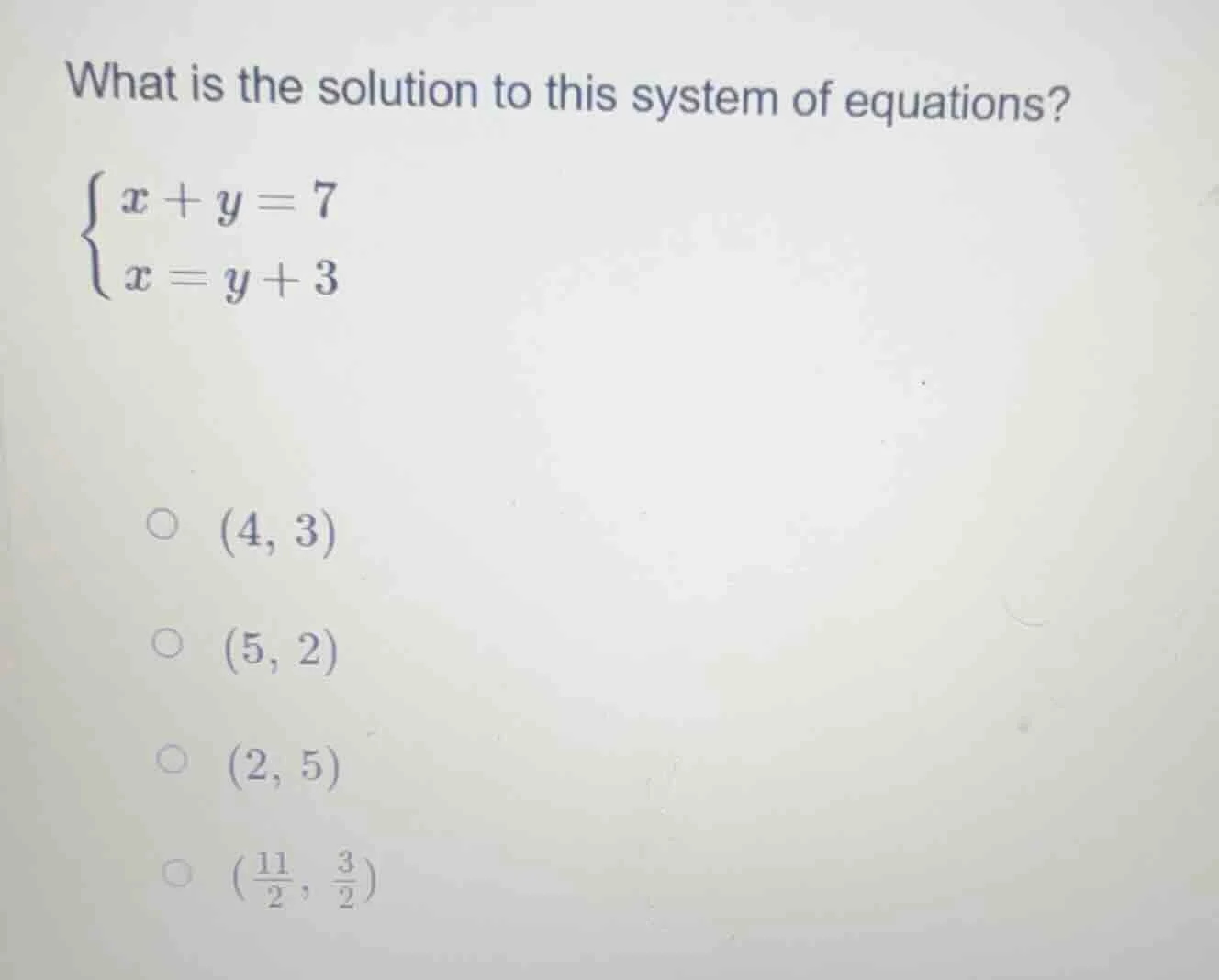 what is the solution to this system of equations?\\begin{cases}x + y = …