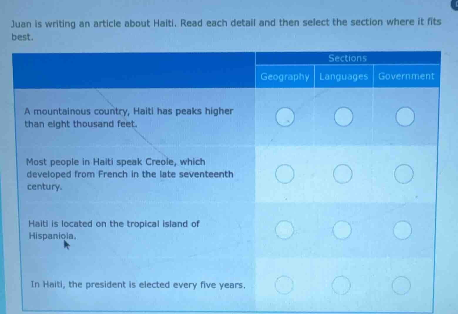 juan is writing an article about haiti. read each detail and then selec…