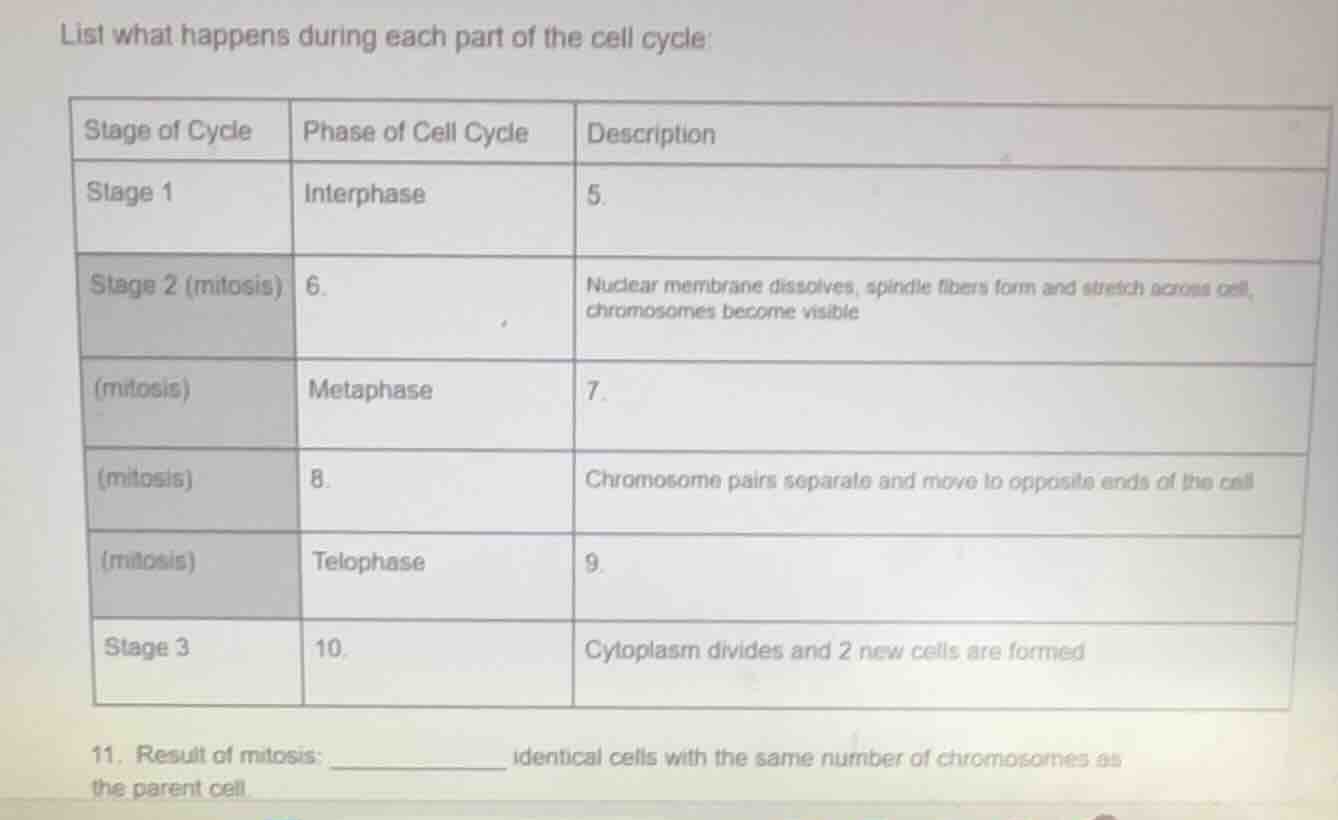 list what happens during each part of the cell cycle: stage of cycle | …