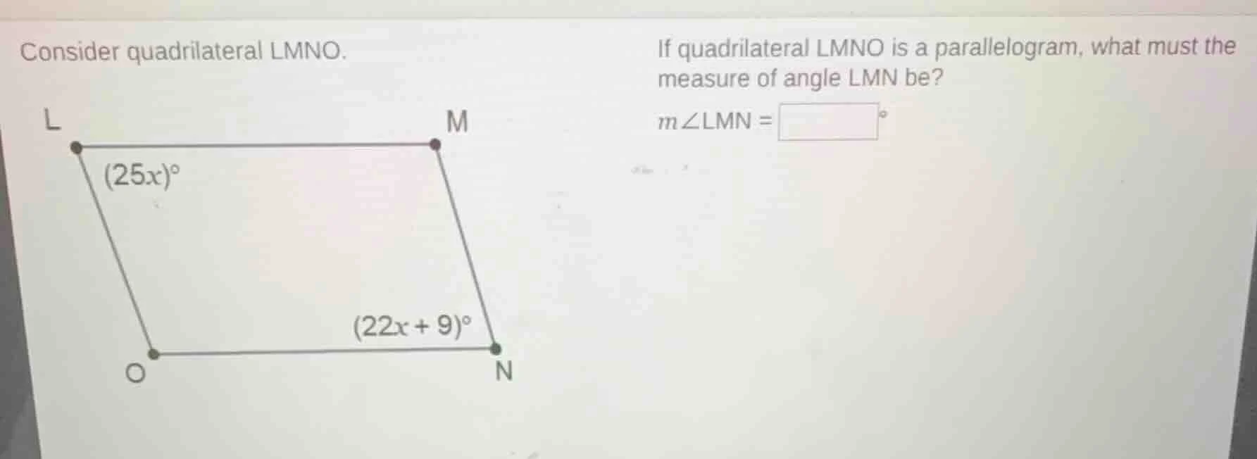 consider quadrilateral lmno. if quadrilateral lmno is a parallelogram, …