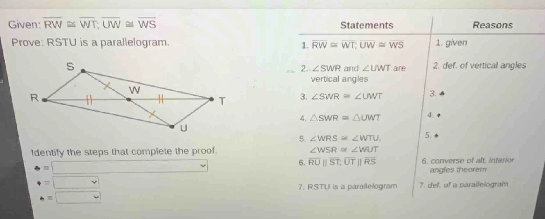 given: \\(\\overline{rw} \\cong \\overline{wt}\\); \\(\\overline{uw} \\…
