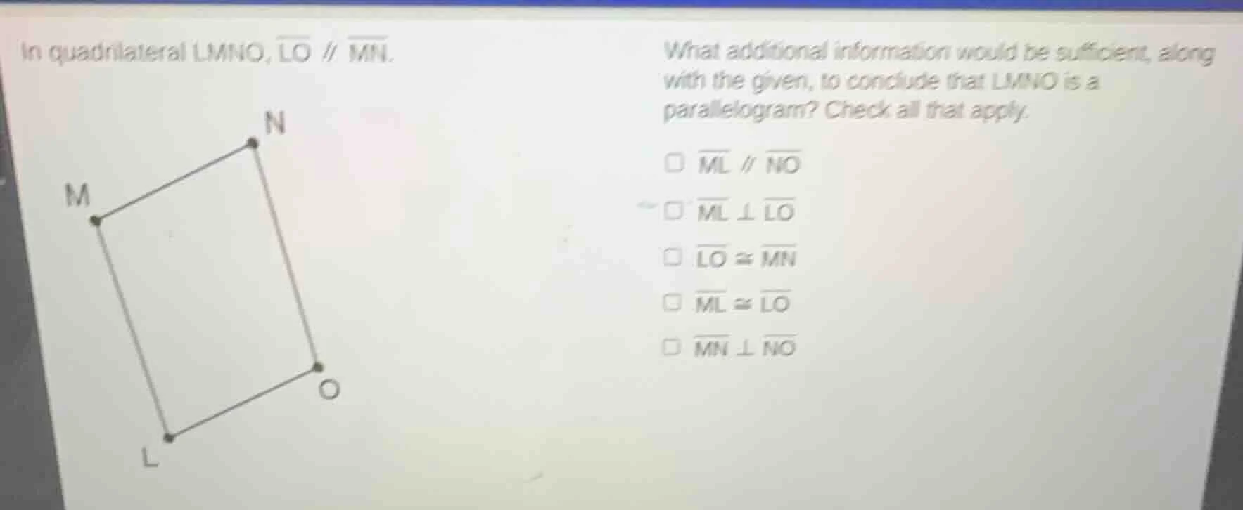 in quadrilateral lmno, \\(\\overline{lo} \\parallel \\overline{mn}\\). …