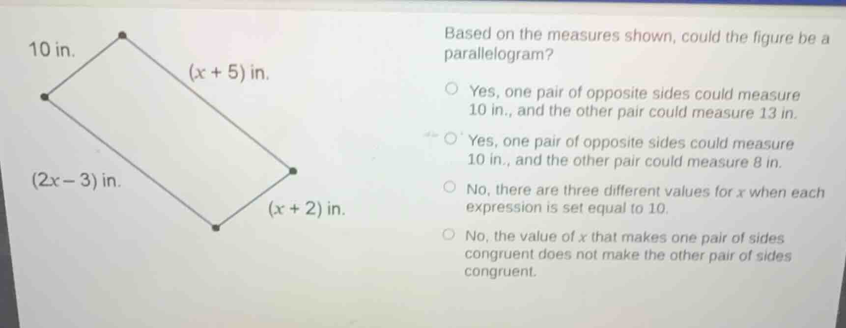 10 in. $(x + 5)$ in. $(2x - 3)$ in. $(x + 2)$ in. based on the measures…