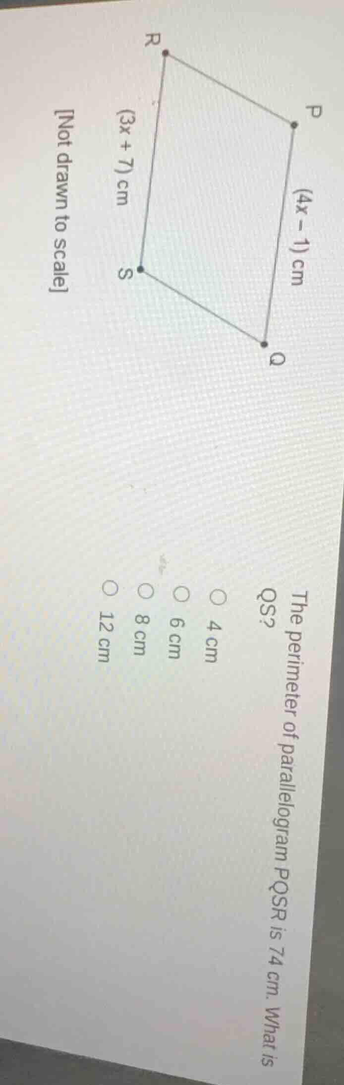 not drawn to scale the perimeter of parallelogram pqsr is 74 cm. what i…