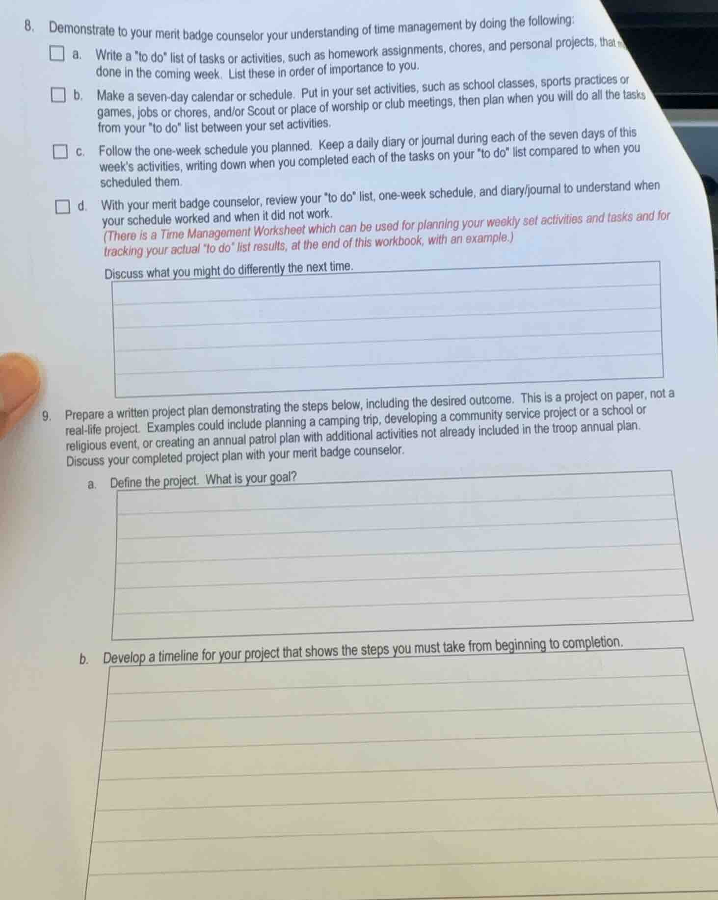 8. demonstrate to your merit badge counselor your understanding of time…