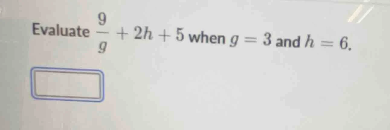 evaluate \\(\frac{9}{g} + 2h + 5\\) when \\(g = 3\\) and \\(h = 6\\).