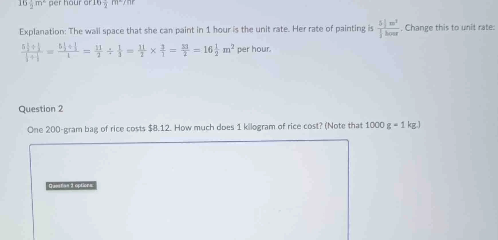 question 2 one 200-gram bag of rice costs $8.12. how much does 1 kilogr…
