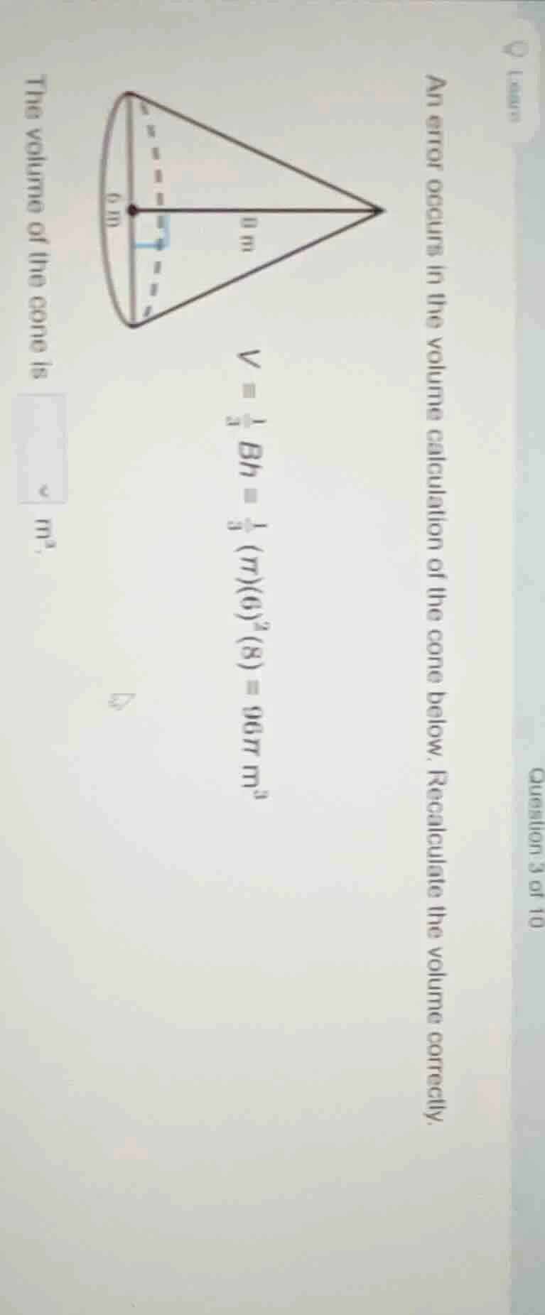 an error occurs in the volume calculation of the cone below. recalculat…