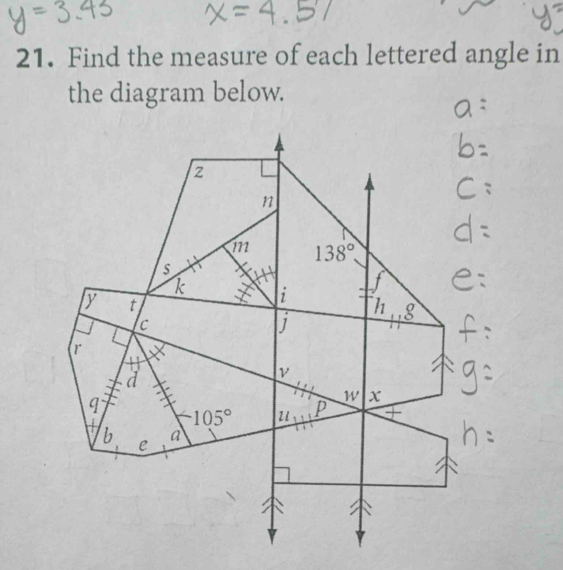 21. find the measure of each lettered angle in the diagram below.