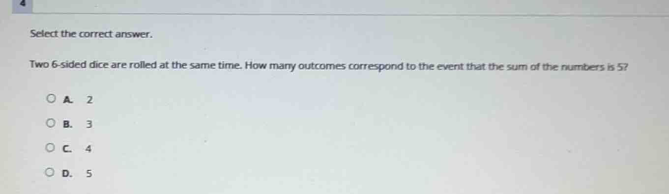 select the correct answer. two 6 - sided dice are rolled at the same ti…