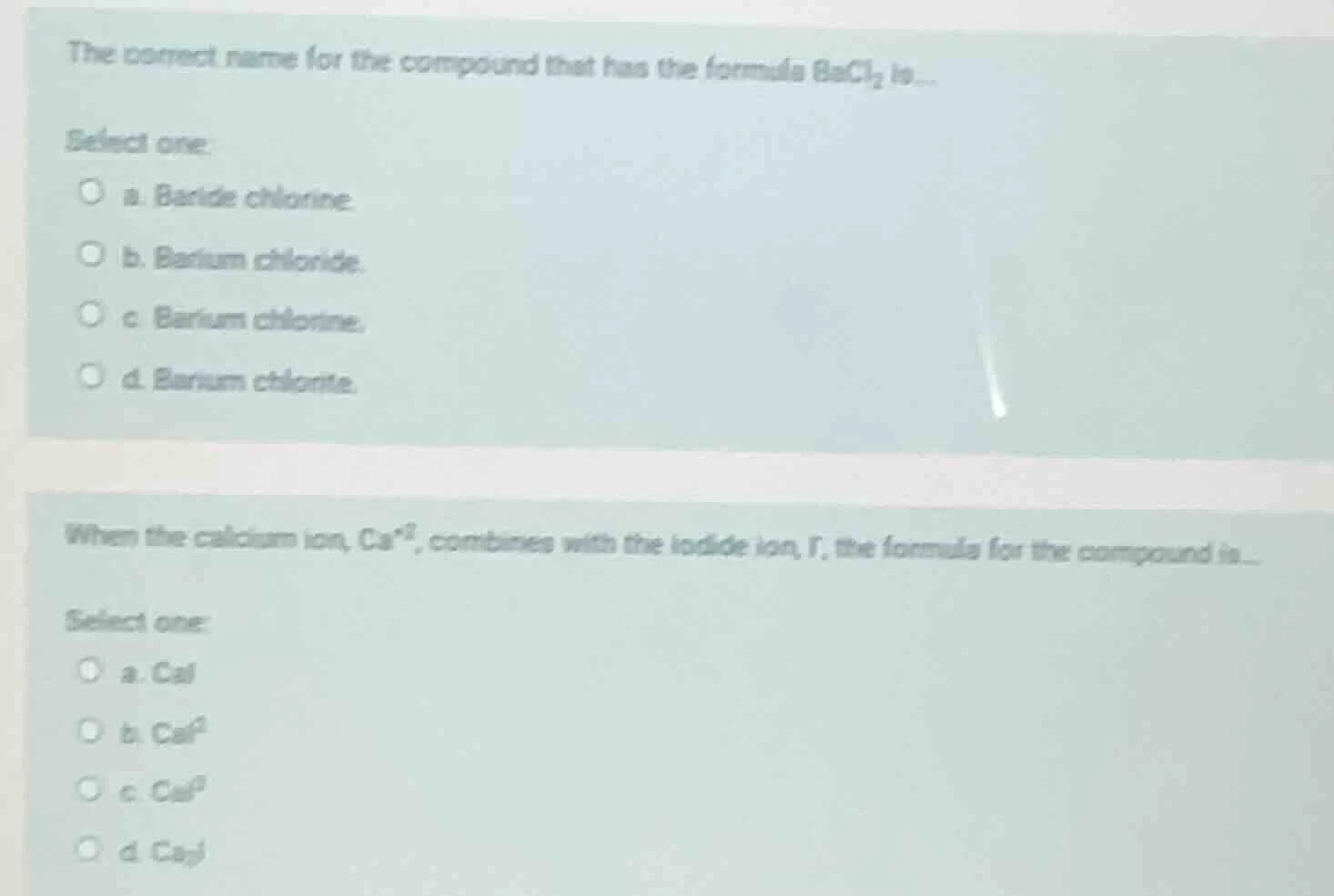 the correct name for the compound that has the formula bacl₂ is... sele…