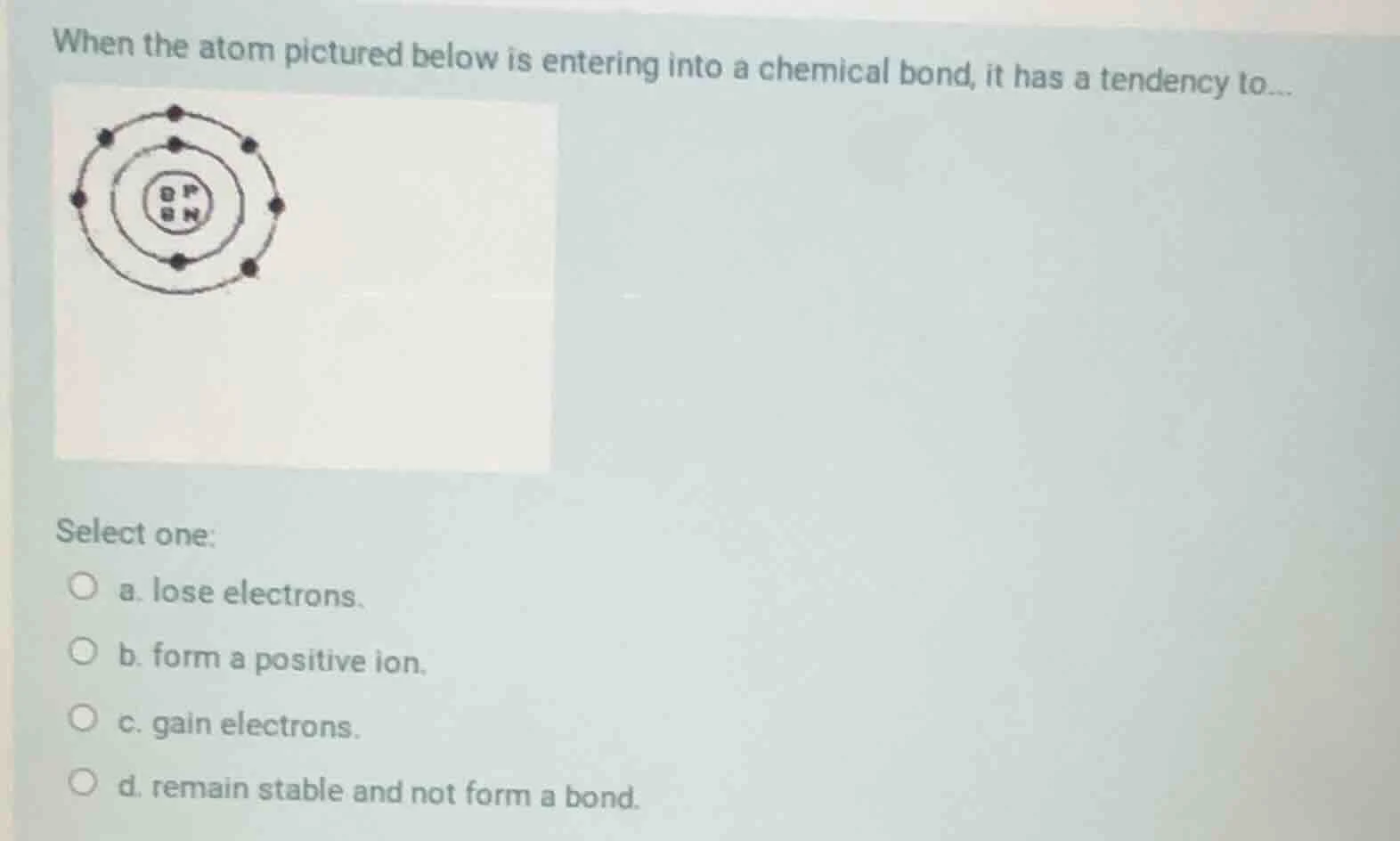 when the atom pictured below is entering into a chemical bond, it has a…