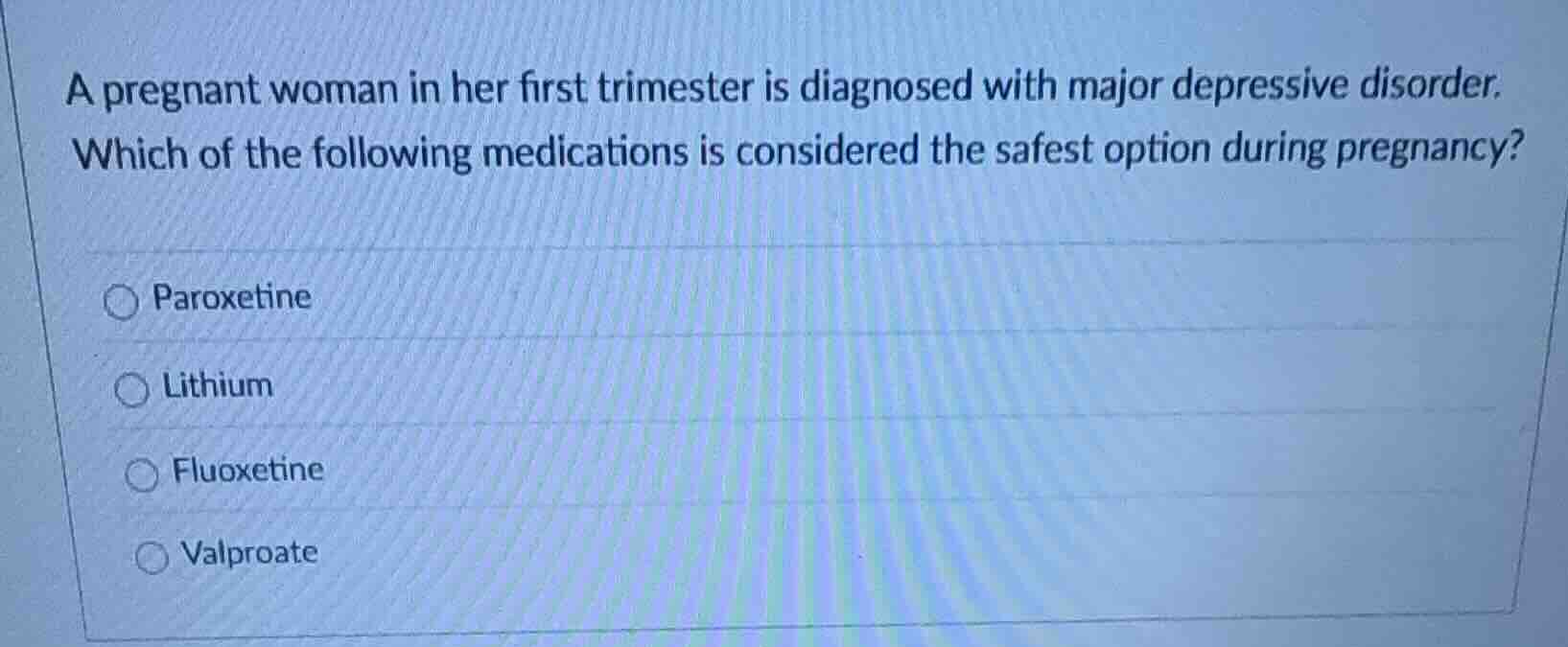 a pregnant woman in her first trimester is diagnosed with major depress…