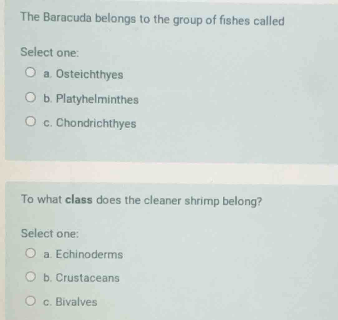 the baracuda belongs to the group of fishes called select one: a. ostei…