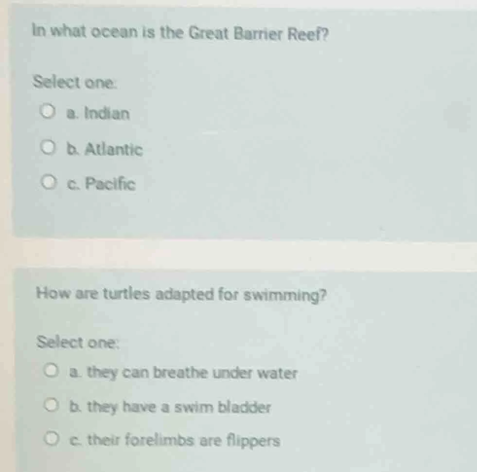 in what ocean is the great barrier reef? select one: a. indian b. atlan…