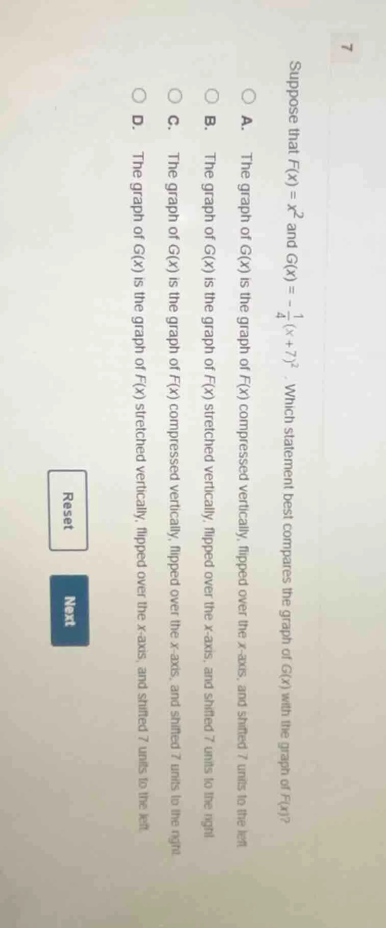 suppose that ( f(x) = x^2 ) and ( g(x) = -\frac{1}{4}(x + 7)^2 ). which…