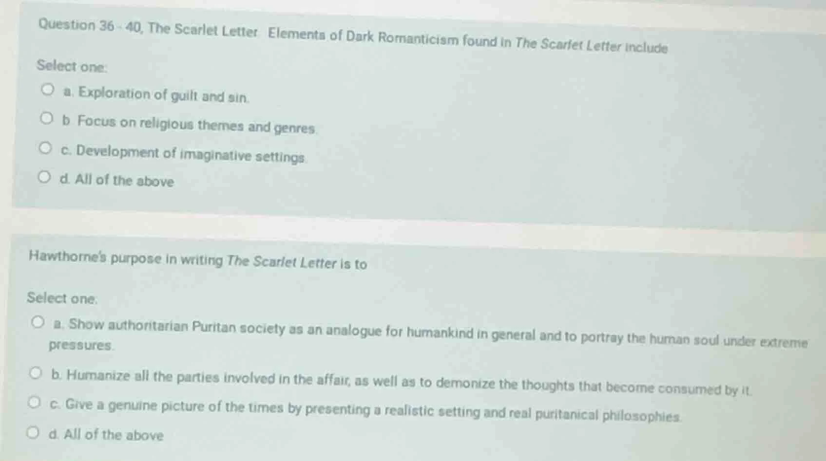 question 36 - 40, the scarlet letter elements of dark romanticism found…