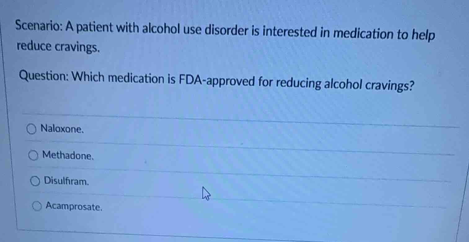 scenario: a patient with alcohol use disorder is interested in medicati…