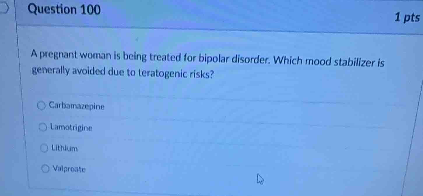 question 100 1 pts a pregnant woman is being treated for bipolar disord…