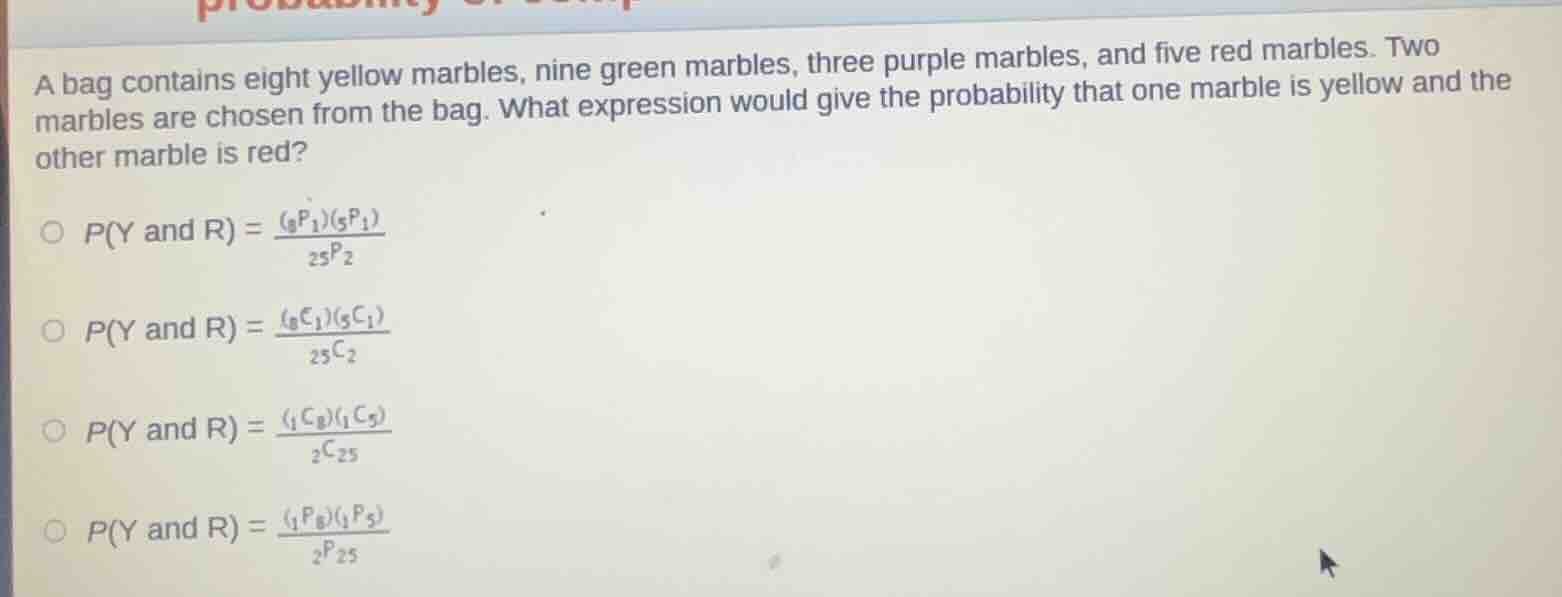 a bag contains eight yellow marbles, nine green marbles, three purple m…