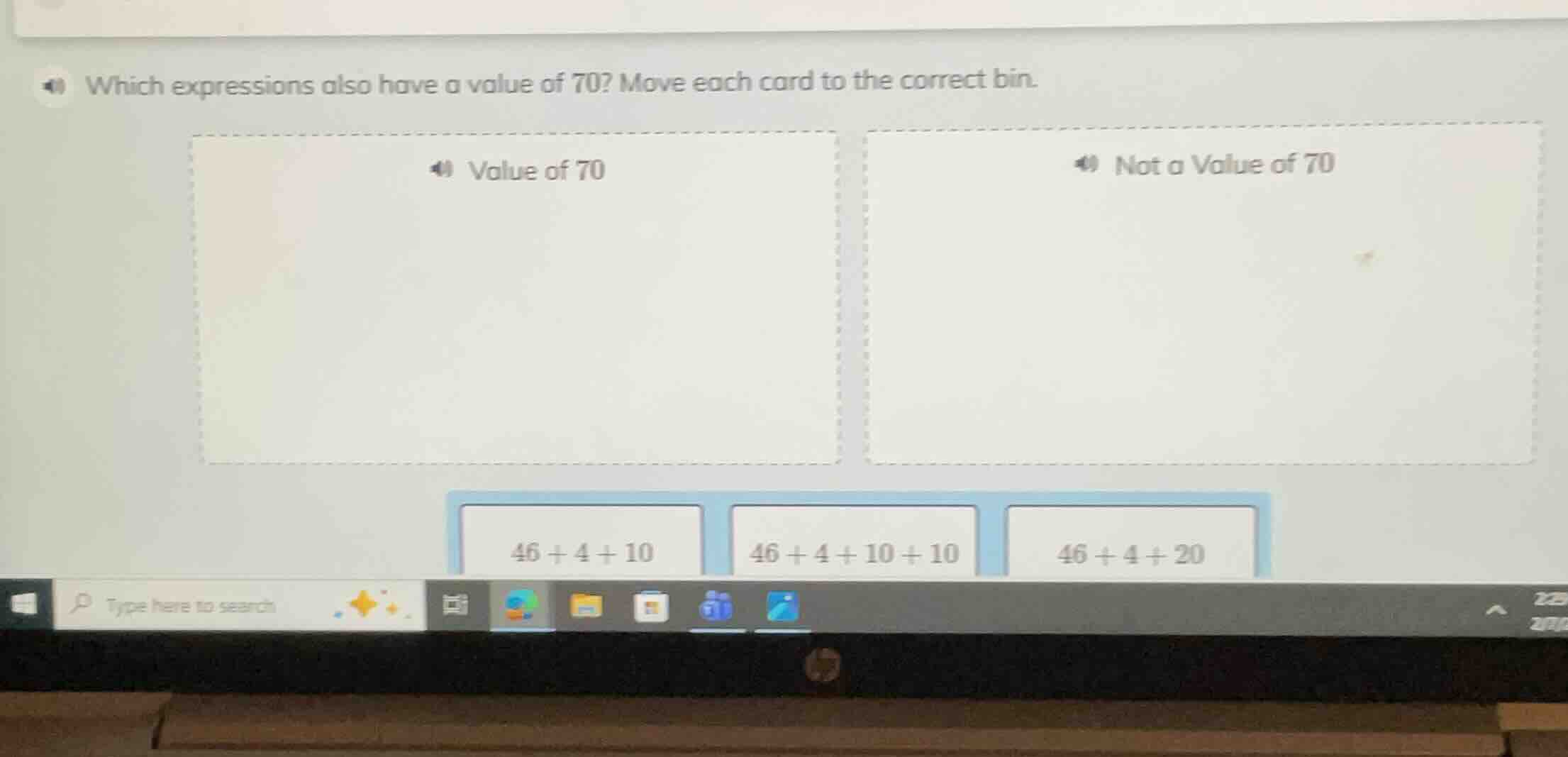 which expressions also have a value of 70? move each card to the correc…