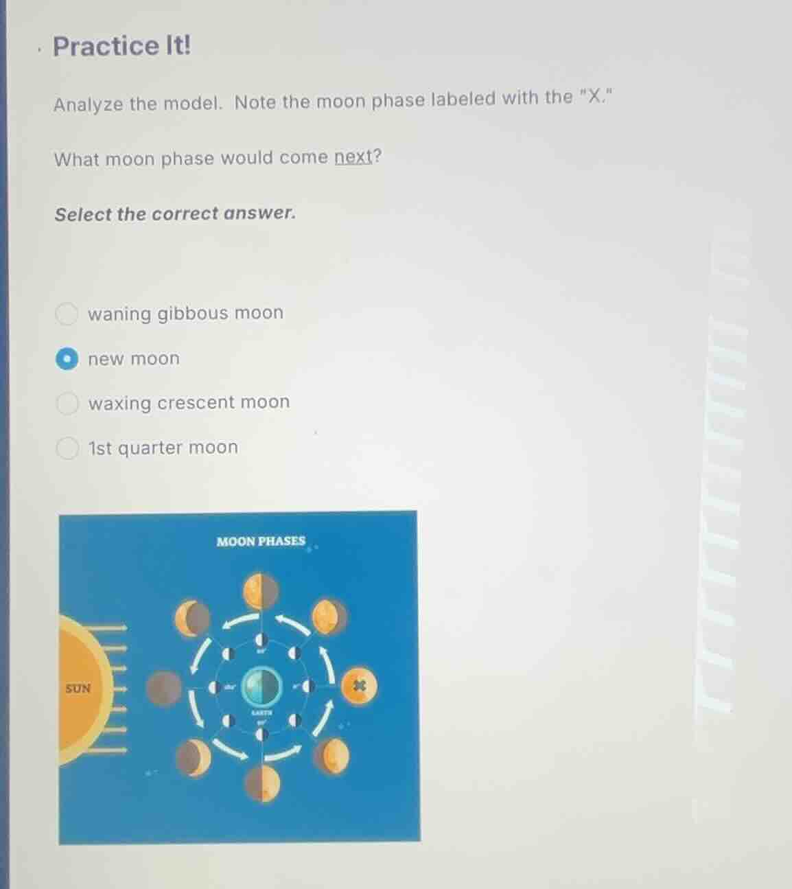 practice it! analyze the model. note the moon phase labeled with the \x…
