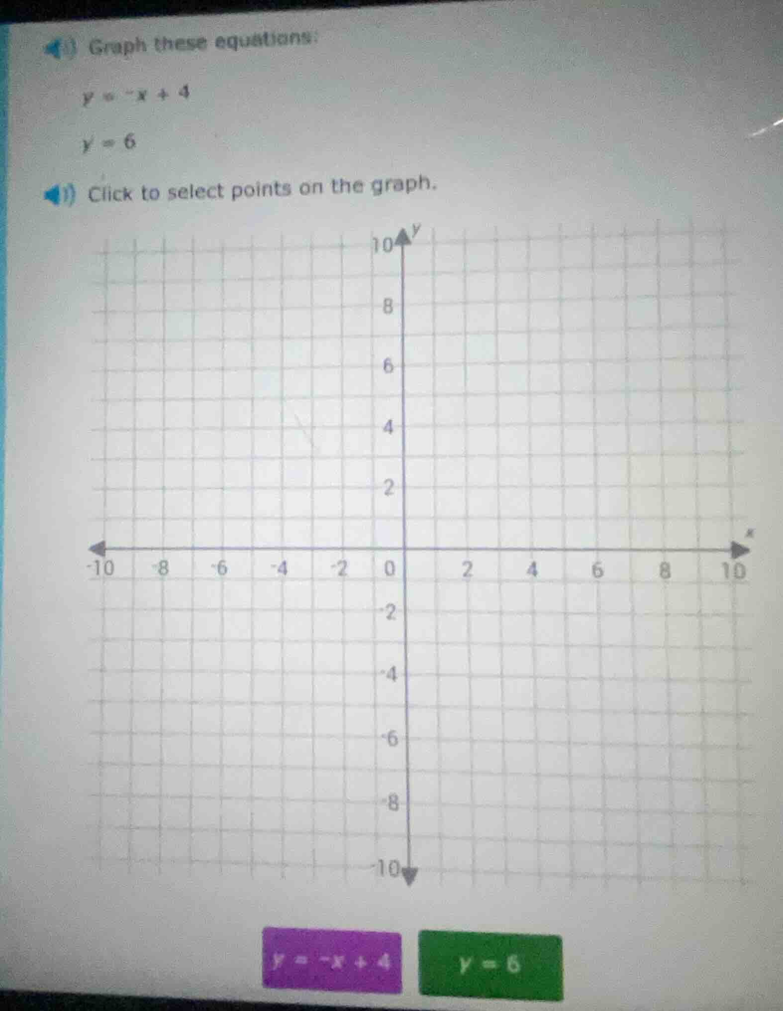 graph these equations: y = -x + 4 y = 6 click to select points on the g…