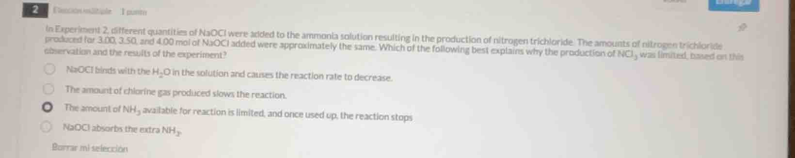 in experiment 2, different quantities of naocl were added to the ammoni…
