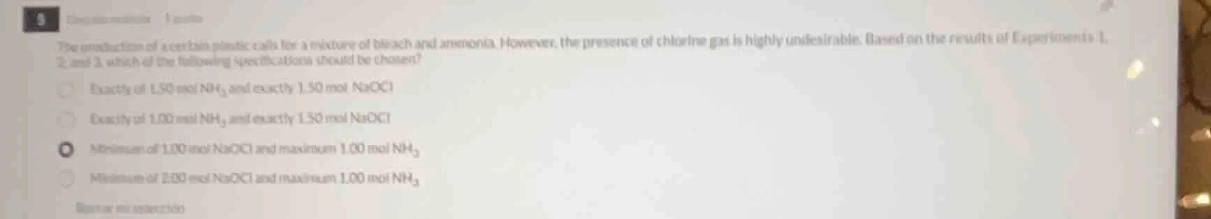 the production of a certain plastic calls for a mixture of bleach and a…